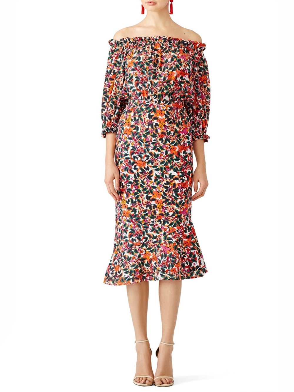 SALONI Grace Silk Midi Dress Off-the-Shoulder Floral Multi Women’s Size 8
